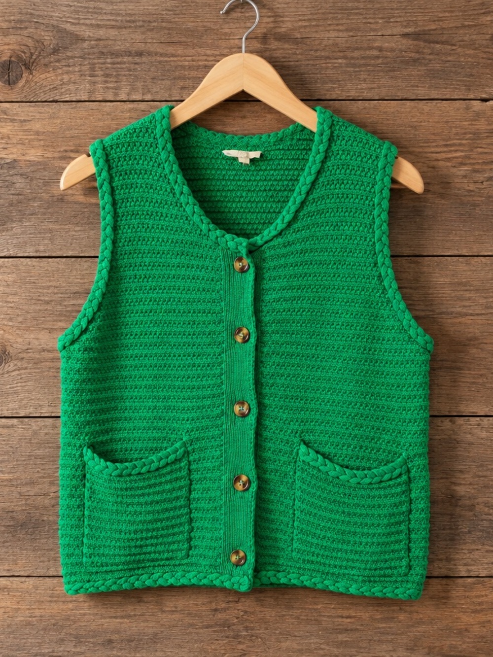 entro Bright Green Braided-Trim Knit Button Vest